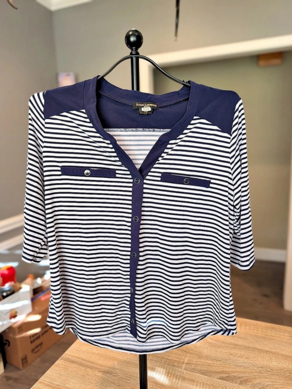 Susan Lawrence Striped Button Front Blouse in Blue & White